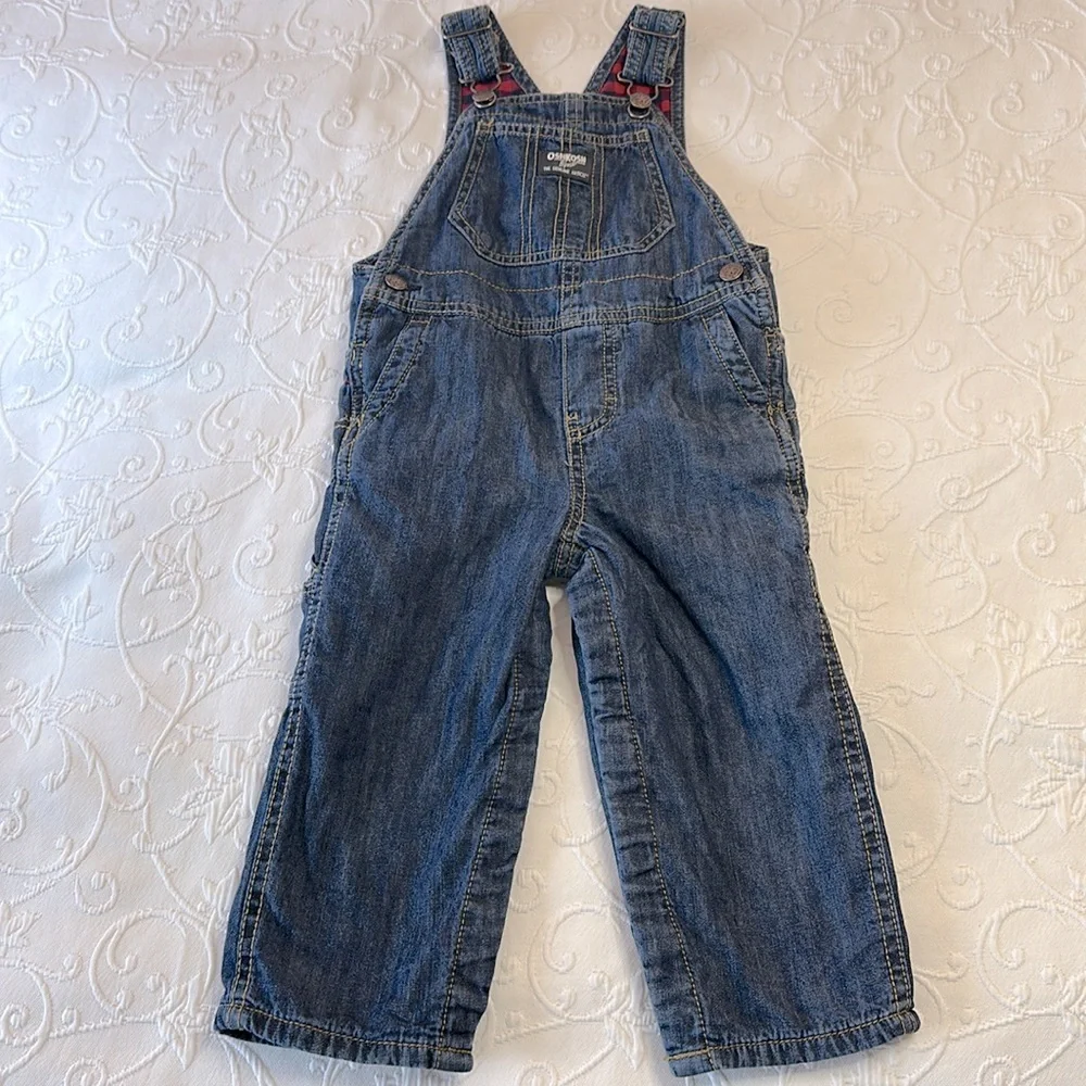 OSHKOSH B'GOSH Red & Navy Plaid Flannel Lined Denim Overalls 24 Months